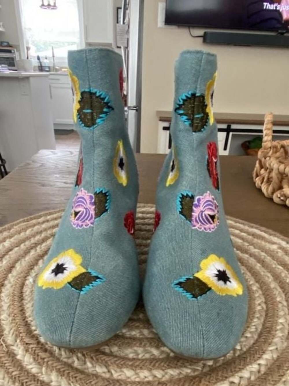 Betsey Johnson Twiggy Blue Denim Floral Embroidered Ankle Boots